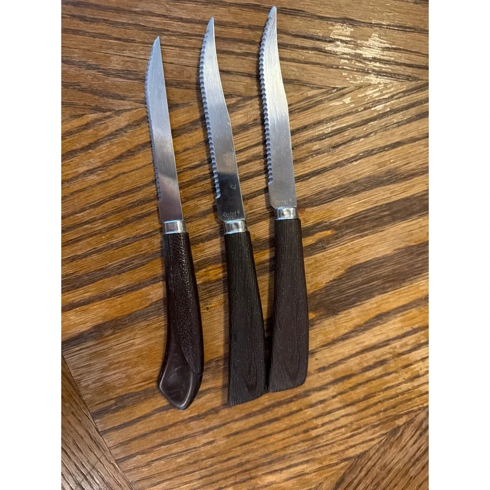 Vintage Quikut Stainless Steel Steak Knives Set of 3 Brown Faux Wood USA Made